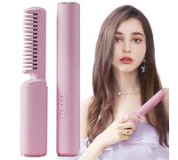 Straightener Brush - Cordless Heated Styler, USB Rechargeable Hair Tool, Portable Mini Straightening Comb | Fast Heating Ceramic Technology for All Hair Types Travel Salon Use