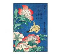 Strand Clothing Japanese Art Print Poster - Woodblock Ukiyo-e Peonies and Canary Hokusai Decor (A2 Unframed)
