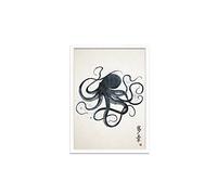 Strand Clothing Japanese Octopus Calligraphy Art Print Poster - Woodblock Ukiyo-e Wall Art (A3 White Frame Small)