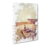 Stranded Boat On Beach Pier Seascape V3 Modern Canvas Wall Art Print Ready to Hang, Framed Picture for Living Room Bedroom Home Office Décor, 20x14 Inch (50x35 cm)