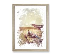 Stranded Boat On Beach Pier Seascape V3 Modern Framed Wall Art Print, Ready to Hang Picture for Living Room Bedroom Home Office Décor, Oak A2 (64 x 46 cm)