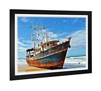 Stranded Boat Wreck on Beach Framed Wall Art Print A2 Black