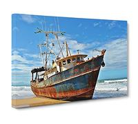 Stranded Boat Wreck on Beach No.1 Modern Canvas Wall Art Print Ready to Hang, Framed Picture for Living Room Bedroom Home Office Décor, 24x16 Inch (60x40 cm)