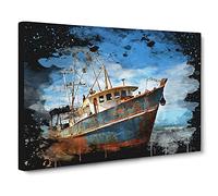 Stranded Boat Wreck on Beach No.1 Modern CB Canvas Wall Art Print Ready to Hang, Framed Picture for Living Room Bedroom Home Office Décor, 30x20 Inch (76x50 cm)