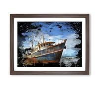 Stranded Boat Wreck on Beach No.1 Modern CB Framed Print | A3 Walnut Framed Wall Art | Ready to Hang | Modern Vehicle Picture | Living Room Bedroom Lounge Office