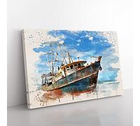Stranded Boat Wreck on Beach No.1 Modern FC Canvas Wall Art Print Ready to Hang, Framed Picture for Living Room Bedroom Home Office Décor, 60x40 cm (24x16 Inch)