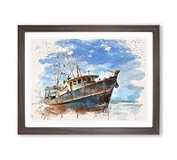 Stranded Boat Wreck on Beach No.1 Modern FC Framed Wall Art Print, Ready to Hang Picture for Living Room Bedroom Home Office Décor, Walnut A2 (64 x 46 cm)