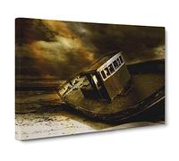 Stranded Boat Wreck on Beach No.2 Modern Canvas Wall Art Print Ready to Hang, Framed Picture for Living Room Bedroom Home Office Décor, 20x14 Inch (50x35 cm)