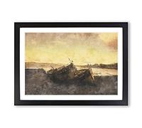 Stranded Boats On The Beach Painting Framed Print | A2 Black Framed Wall Art | Ready to Hang | Modern Beach Picture | Living Room Bedroom Lounge Office