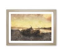 Stranded Boats On The Beach Painting Framed Print | A2 Oak Framed Wall Art | Ready to Hang | Modern Beach Picture | Living Room Bedroom Lounge Office