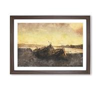 Stranded Boats On The Beach Painting Framed Print | A2 Walnut Framed Wall Art | Ready to Hang | Modern Beach Picture | Living Room Bedroom Lounge Office