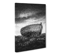 Stranded Wooden Boat Modern Canvas Wall Art Print Ready to Hang, Framed Picture for Living Room Bedroom Home Office Décor, 20x14 Inch (50x35 cm)