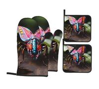 Strange Insects Print Oven Mitts & Pot Holders Set of 4 â€“ Non-Slip Mitts High Heat Hot Pads for Kitchen Cooking