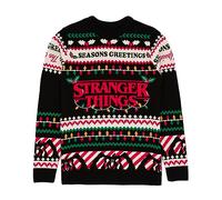 Stranger Things Adults Christmas Jumper | Mens Ladies Seasons Greetings The Upside Down Black Knitted Sweater | Series Merchandise Present for Him Her