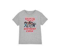 Stranger Things Birthday Crew Upside Down Cartoon Kids Tee, Athl Heath in Light Grey | Size: 9-11 Years Stranger Things Light Grey 9-11 Years