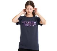 Stranger Things Chrome Metal Logo Ladies T Shirt, Deep Navy Stranger Things Navy M