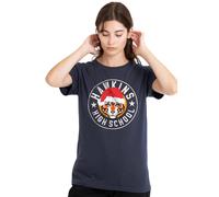 Stranger Things Hawkins Christmas Badge Ladies T Shirt, Deep Navy Stranger Things Navy M