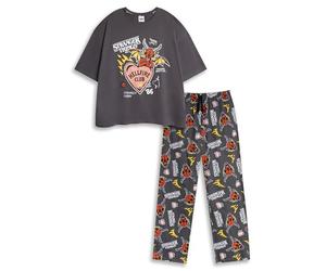Stranger Things Hellfire Club Womens Black Short Sleeve Long Leg Pyjama Set | Graphic Tee & Cartoon Bottoms | Sleepwear for Fans of the Series Merch - X-Large