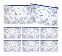 Stranthother 7 Pcs Team Bride Makeup Bags Bulk Blue Flower Floral for Wedding Bridesmaids Bridal Shower Parties Gifts Something Blue Rustic Cosmetic Bags Blue Zippered Canvas Pencil Pouch