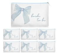 Stranthother 7 Pcs Team Bride to Be Makeup Bags Bulk Blue Coquette Bows for Bridal Shower Parties Gifts Wedding Bridesmaids Something Blue Cosmetic Bags Zippered Canvas Pencil Pouch
