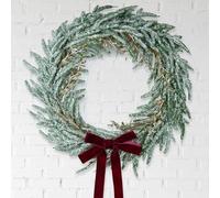 Stranthother Vintage 13 inch Christmas Norfolk Pine Wreath Artificial Pine Snowy Christmas Wreath with Burgundy Velvet Bows for Holiday Window Indoor Outdoor Decoration