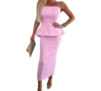 Strap Design Two-piece Outfit 2 Pcs Women Top Skirt Suit Off-shoulder Backless Bandeau A-line with Slim Fit Sheath Slit for Prom Pink L