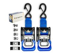 Strapinno 2PCS Stainless Steel Retractable Ratchet Straps (1 7/8 in x 4 ft) Transom Tie-Downs for Boat Trailer - Extra Mounting Brackets & Bolt Set, Safety Latch S-Hook, Break Strength 1,650LB/750KG