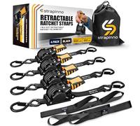 Strapinno Retractable Ratchet Straps 1 in x 10 ft, Secure Tie-Downs with Rubber-Coated Steel Handles, for Motorcycle, Jetski, Kayak, Breaking Strength 1,500LBS/680KG (Black Strap, Black Coated)