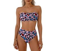 Strapless Bikini Set with High Waisted Bottoms & Pink Leopard Print - 2 Piece Swimwear for Women with Adjustable Wrap Top, Tummy Control Design, Vintage for Beach and Pool（Pink Leopard/L）