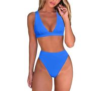 Strapless Bikini Sets For Women Uk-Womens High Waisted Thong Bikini Sets Sexy Brazilian Triangle Top Deep V Neck Two Piece Swimsuit Bathing Suits (Blue, Xl)