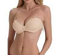 Strapless Bra with Clear Back Invisible Strap Push Up Padded Underwire Backless Halter Bralette 38C, Beige
