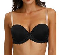 Strapless Clear Back Strap Convertible Bra with Lace Padded Underwired Plus Size Brassiere, Black, 38D