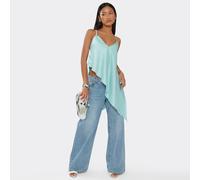 Strappy Cross Back Asymmetric Draped Top In Green Satin, Women's Size UK 14