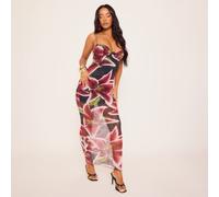 Strappy Cup Detail Maxi Dress In Burgundy Orchid Print Mesh, Women's Size UK 10
