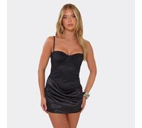 Strappy Lace Corset Asymmetric Drape Mini Dress In Black Satin, Women's Size UK 14