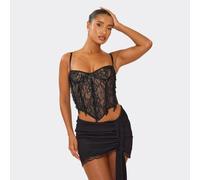 Strappy Pointed Hem Bead Embellished Corset Top In Black Lace, Women's Size UK 8