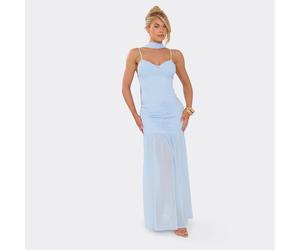 Strappy Ruched Scarf Detail Maxi Dress In Blue Mesh, Women's Size UK 14