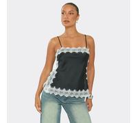 Strappy Square Neck Contrast Lace Cami Top In Black Satin, Women's Size UK 14