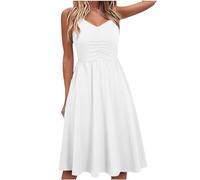 Strappy Summer Midi Dress - Sleeveless V Neck Casual Solid Color Swing Pleated Elegant Party Knee Length Holiday Beach Nightdress Lounge Wear for Women UK - White