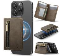 Strapurs Magnetic Card Holder Compatible with MagSafe Phones and Cases, PU Leather Slim Phone Wallet for iPhone 16/15/14/13/12/Pro/Max/Plus, 4 Card Slots RFID Blocking with Zipper Pocket - Brown