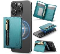 Strapurs Magnetic Card Holder Compatible with MagSafe Phones and Cases, PU Leather Slim Phone Wallet for iPhone 16/15/14/13/12/Pro/Max/Plus, 4 Card Slots RFID Blocking with Zipper Pocket - Blue Green