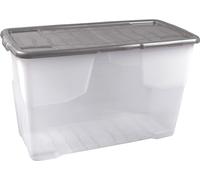 Strata 3 x 100 Litres Curve Plastic Stackable Storage Box & Lid with clip-on lids, 3 Pack, Multi storage box for home and office storage solution Clear Box, Grey Lid, (51cm H x 40cm W x 80cm D)