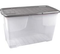Strata 3 x 100 Litres Curve Plastic Stackable Storage Box & Lid with clip-on lids, 3 Pack, Multi storage box for home and office storage solution Clear Box, Grey Lid, (51cm H x 40cm W x 80cm D)