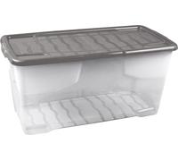 Strata 3 x 80 Litres Curve Plastic Stackable Storage Box & Lid with clip-on lids, 3 Pack, Multi storage box for home and office storage solution Clear Box, Grey Lid, (37cm H x 40cm W x 80cm D)