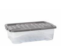 Strata 4 x 30 Litres Curve Plastic Stackable Storage Box & Lid with clip-on lids, 4 Pack, Multi storage box for home and office storage solution Clear Box, Grey Lid, (17cm H x 40cm W x 60cm D)