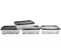 Strata 4 x 30 Litres Curve Plastic Stackable Storage Box & Lid with clip-on lids, Multi storage box for home and office storage solution - Clear/Black Lid