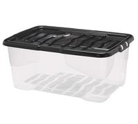 Strata 4 x 42 Litres Curve Plastic Stackable Storage Box & Lid with clip-on lids, Multi storage box for home and office storage solution - Clear/Black Lid