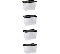 Strata 4 x 65 Litres Curve Plastic Stackable Storage Box & Lid with clip-on lids, 4 Pack, Multi storage box for home and office storage solution Clear Box, Black Lid, (37cm H x 40cm W x 60cm D)