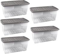 Strata 5 X 80 L Curve Plastic Stackable Storage Box & Lid - Clear Box, Grey Lid/ Free Next Day Delivery