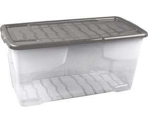 Strata 5 x 80 Litres Curve Plastic Stackable Storage Box & Lid with clip-on lids, 5 Pack, Multi storage box for home and office storage solution Clear Box, Grey Lid, (37cm H x 40cm W x 80cm D)